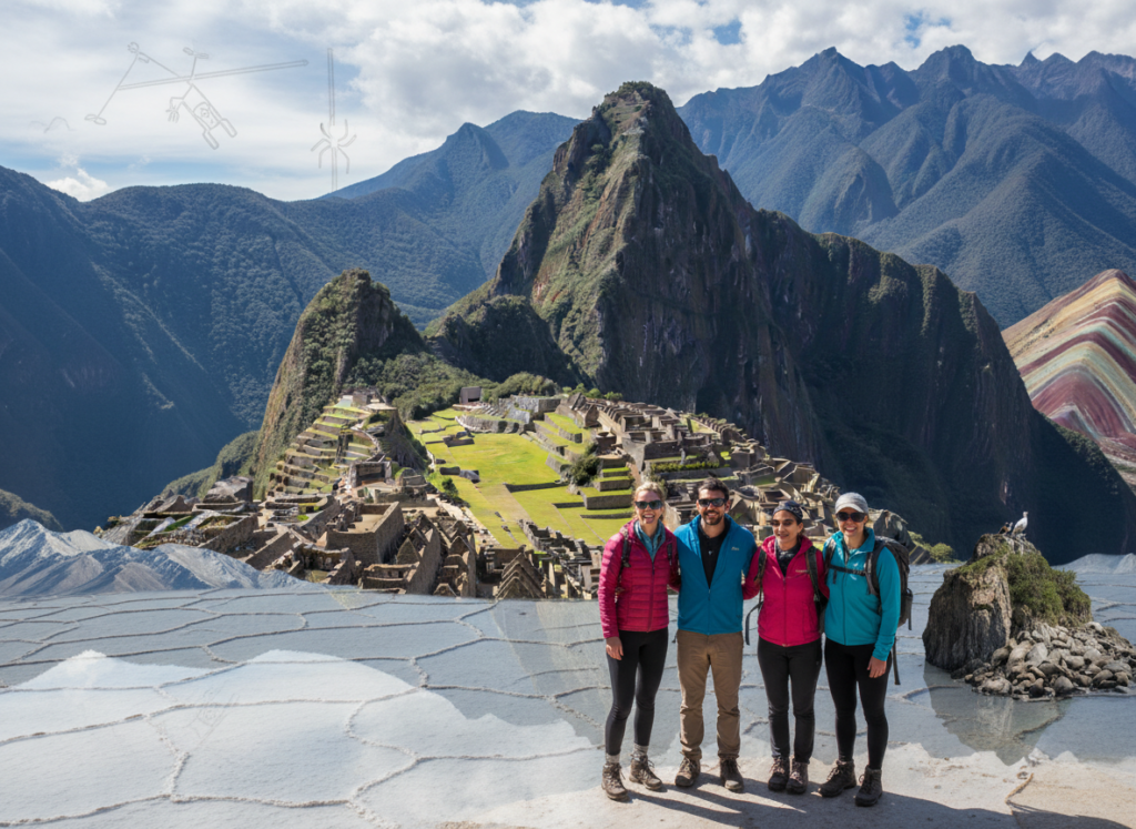 crea una imagen de 16:9 de un grupo de personas norteamericanas realiza una collage con las siguientes "HD Islas Ballestas  HD Ica City Tour + Laguna La Huacachina HD Sobrevuelo Líneas de Nazca Classic con tasa turística HD City Tour Cusco + Parque Arqueológico FD Machu Picchu - Tren Clase Turista Expedition con Almuerzo  FD Vinicunca – Montaña de 07 Colores con Almuerzo FD Ruta del Sol de Cusco – Puno con Almuerzo FD Islas de Uros y Taquile con Almuerzo Típico FD Tiwanaku en ruta de Puno a La Paz con Almuerzo FD Salar de Uyuni HD City Tour La Paz + Valle de la Luna"